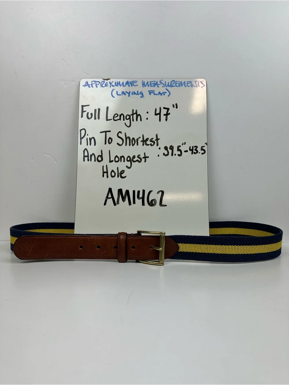 Men's Navy & Yellow Striped Belt with Brown Leather Trim